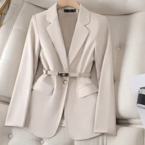 Women Lady Suit Coat Long Sleeve with Belt Office Lady Jacket Solid Color Tops Suit Lapel V neck Elegant Coat