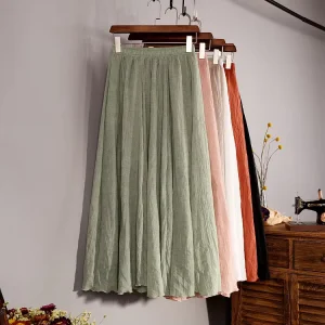 Women Linen Cotton Long Skirts Elastic Waist Pleated Maxi Skirts Beach Summer Skirts