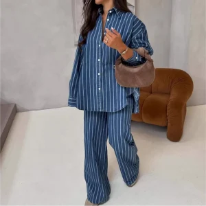 Women Linen Set Stripe Print Women’s Two Pieces Set Long Sleeve Shirt Top and Wide Leg Pant Set Plus Size Casual Set