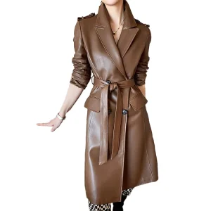 Women Long Brown Trench Coats Genuine Sheepskin Leather Jacket for Ladies