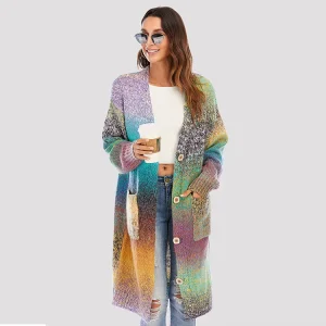 Women Long Cardigan Coat Ombre Colorful Cotton Cardig Single Breasted Plus Size Women Sweater Coat With Pocket