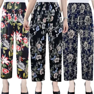 Women Long Pants Spring Summer Ice Silk Loose Printed Trousers Elastic Waist Lady Wide Leg Casual Pants