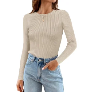 Women Long Sleeve Crew Neck Tops Fall Clothes Ribbed Knit Sweater Slim Fitted Casual Basic Tee Shirts