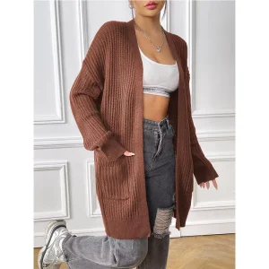 Women Long Sleeve Solid Color Basic Knit Cardigan with Pocket Rib Open Front Sweater