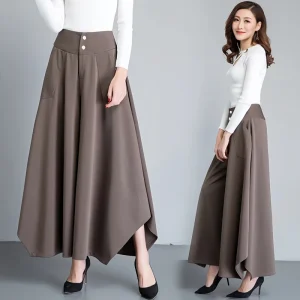 Women Loose Wide Leg Pants High Waist Buttons Pockets Irregular Trousers Angle Length Lady Spring Summer Casual Pants