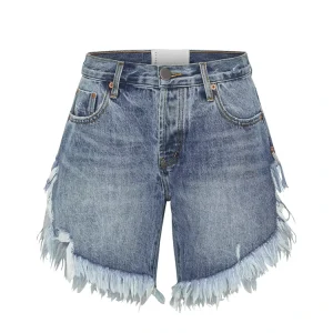 Women Low Waist Long Length Denim Short Boyfriend Shorts Jeans Classic Indigo Blue Casual Summer Women’s Short Jeans