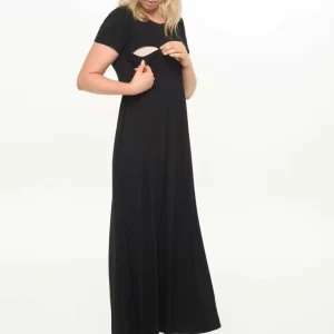 Women Maternity Clothes Crew Neck Short Sleeve Rayon Spandex Breastfeeding Maxi Dress in Black
