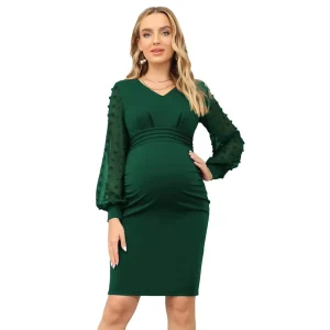 Women Maternity Contrast Fabric Dress Long Sleeve Maternity V Neck Bodycon Dresses for Office Pregnant Women