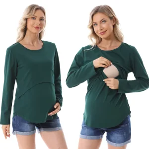 Women Maternity Nursing Top Long Sleeve Double Layer Breastfeeding Scoop Neck Soft Jersey Casual Pregnancy Clothes Green