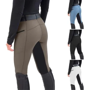Women Mid Waisted Stretch Grip Soft Knee Patch Horse Riding Breeches Horseback Patchwork Trouser With Zipper Pocket