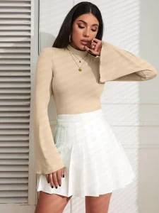 Women Mock Neck Long Bell Sleeve Slim Fit Solid Basic Tops Ladies Elegant Casual Blouse Multiple Colors