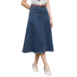 Women Multi-Pocket Jean Skirt Elastic High Waist Raw Hem Midi A-Line Women’s Denim Long Jeans Skirt