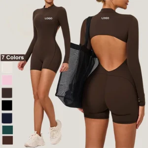 Women One Piece Jumpsuit Gym Yoga Sports Jumpsuit High Strength Workout Wear Long Sleeve Fitness Yoga Clothes Set Zipper Shorts