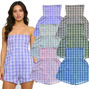 Women One Piece Jumpsuit Palaka Plaid Printed Stretchy Rayon Fabric Hawaii Ladies Shirred Tops Romper
