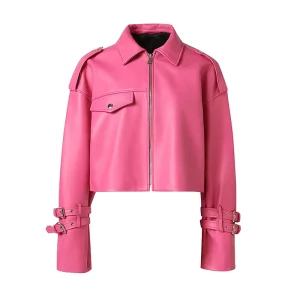 Women Oversize Winter Jackets Crop Leather Long Sleeves Genuine Leather Jackets