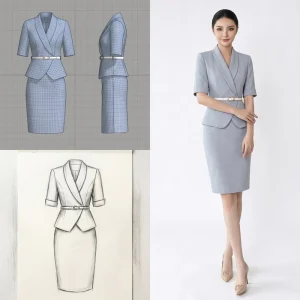 Women Peplum Dress Belted Suit Set Stand Collar Half Sleeve Slim Formal Business Office Elegant Hotel Reception Hostess Navy