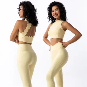Women Petals Edge Shockproof Fitness Yoga Wear Suit Scallop Crop Top & High Waist Pants Active Wear Set