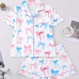 Women Pink Blue Bow Print Pajama Set Short Sleeve Button Shirt Elastic Waist Shorts Cute Sleepwear Loungewear