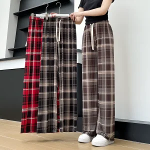 Women Plaid Wide Leg Pants High Waist Soft Ice Silk Spring Summer Trousers Lady Thin Casual Long Pants