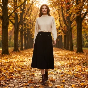 Women Pleated Casual Skirt Thermal Knitted Skirt Wool Blend Knit Solid Color A-Line Skirt