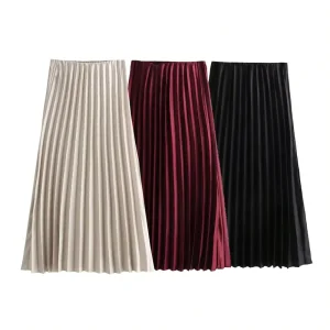 Women Pleated Satin Finish Midi Skirt Vintage High Elastic Waist Skirt