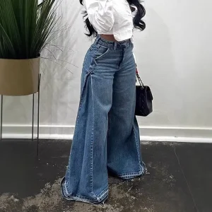 Women Plus Size Clothing European American Cross-border Women’s Denim Wide Leg Pants Loose Jeans WithTassels Zippers