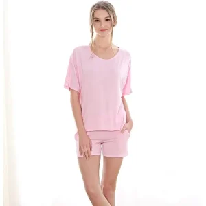 Women Plus Size Summer Thermal Embroidered Jersey Knee Length Short Sleeve Sleepwear with Shorts Loungewear