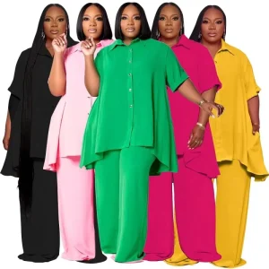 Women Plus Size Women’s Clothing Fashionable Solid Color Short-sleeved Top Woven Wide Leg Pants 2 Piece Set Women