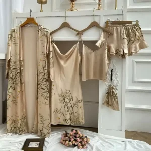 Women Print Satin Sleepwear Robe Set Fashion Pajamas 4 Piece Set Pyjama Nightwear Set