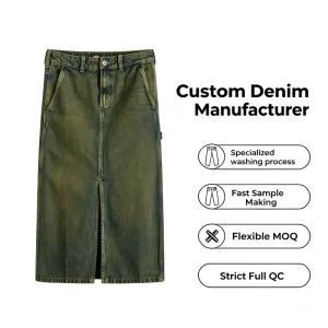 Women Retro Acid Wash Olive Green Carpenter Midi Denim Skirt High Waist Front Split Streetwear Women’s Denim Dress