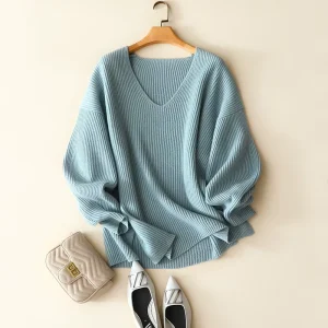 Women Rib Knit V neck Plus Size Lantern Sleeve Cashmere Pullover Slit Hem Sweater