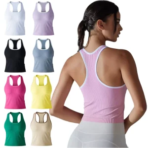 Women Ribbed Yoga Wear Gym Sports Vest Lightweight Fitness Bra Running Crop Top Sleeveless Quick Dry Yoga Tank Top