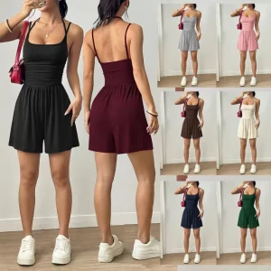 Women Romper Summer Solid Color Clothing New Women’s Casual Strapless Loose Above Knee Milk Silk Jumpsuit Shorts