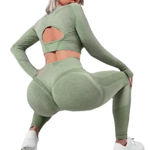 Women Seamless Activewear Set Top High Waist Compression Tights Yoga Pants Leggings Fitness Gym Set Open Back Hollow Long Sleeve