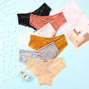Women Sexy Lace Underwear Mid Waist Back Hollow Out Bow Underpants New Lady Solid Comfortable Briefs