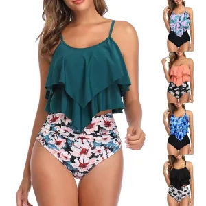 Women Sexy Swim Suits High Waisted Tankini Swimsuits for Women Flounce Top Tummy Control Bathing Suits Slimming Swimwear