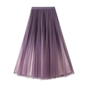 Women Short Fairy Tulle Skirt Starry Sky Gradient Color Mesh High Waist A Line Pleated Plaid
