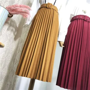 Women Skirt Casual Vintage Solid Belted Pleated Midi Skirt