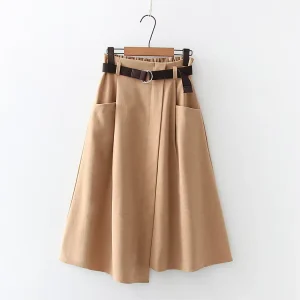Women Skirts Retro Solid Color Casual Literary Pocket High Waist Slim Irregular Belt Midi Dress