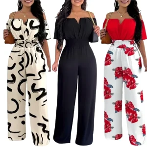 Women Slash Neck Jumpsuits High Waist Wide Pants Overalls V neck Short Sleeve Lady Summer Casual Jumpsuits
