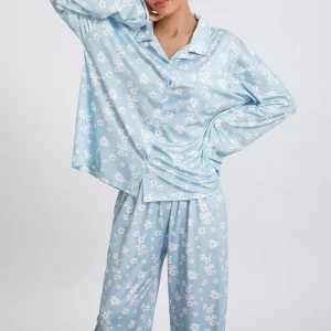 Women Sleepwear Loungewear Loose 2 Pieces Print Long Sleeve Lapel Neck Shirt Tops and Elastic Waist Pants Pajamas Set