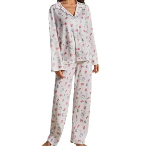 Women Sleepwear Loungewear Loose 2 Pieces Print Sweet Long Sleeve Lapel Neck Shirt Tops and Elastic Waist Pants Pajamas Set