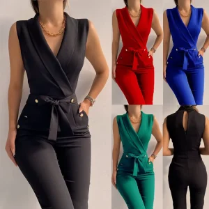 Women Sleeveless Lapel Wrap Jumpsuit Slim Fit Women’s Jumpsuit With V Neck and Sleeveless Design Formal Office Romper