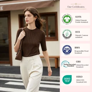 Women Slim Fit Ribbed Knit Wool Sweater Half Sleeve Crew Neck Thin Pullover Spring Summer Basic Soft Woolen Blouse 4 Colors
