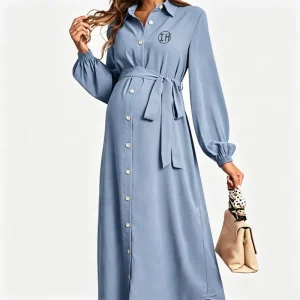 Women Soft Breathable Maternity Shirt Dress Lapel Lantern Long Sleeve Button Front Tie Waist Irregular Curved Hem Pregnant Dress