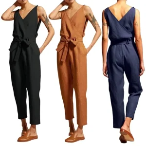 Women Solid Beach Loose Jumpsuits Sleeveless Cotton Linen Summer Romper Deep V Neck Straight Overalls
