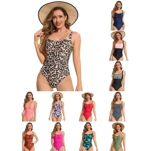 Women Solid Color One Piece Bikini Swimsuit High Waist Fitness Swimwear