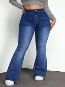 Women Solid Color Plus Size Denim Jeans Super Long Flared Pants Baggy Flare Trousers