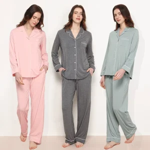 Women Solid Cotton Pyjamas Sleepwear Modal Custom Loungewear Women Long Sleeve Bamboo Pajamas for Women Sets