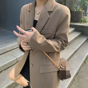 Women Spring Autumn Suit Coat Jacket Long Office Lady Korean Cardigan Tops Pocket Button Solid Color Casual Lapel
